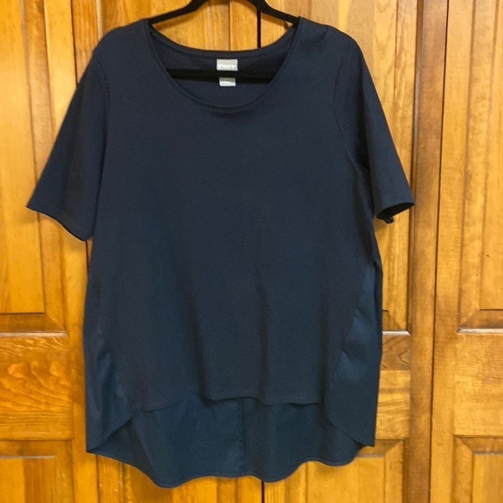 Chicos Navy High Low Shortsleeved Tricot Mixed Fabric Scoop Neck Popover Top S 2